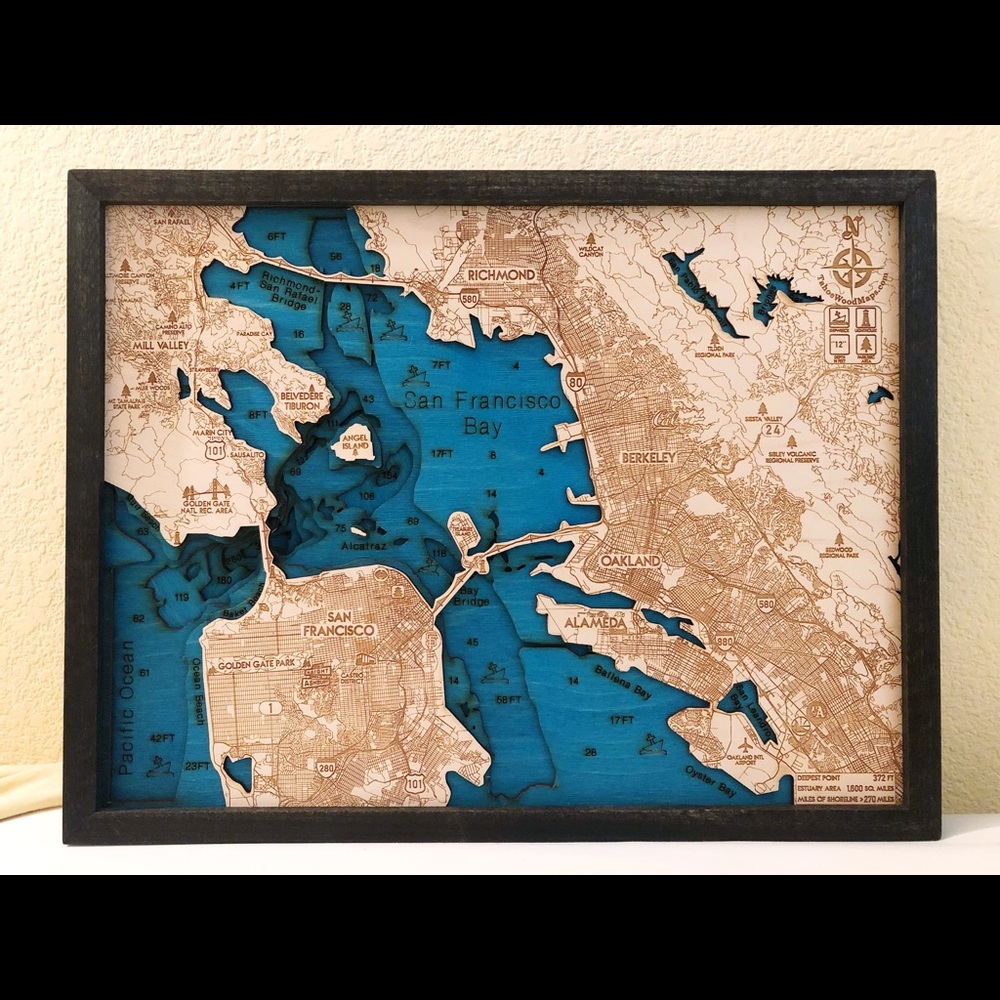 3-D wood carving of San Francisco Bay Area 18”x24”